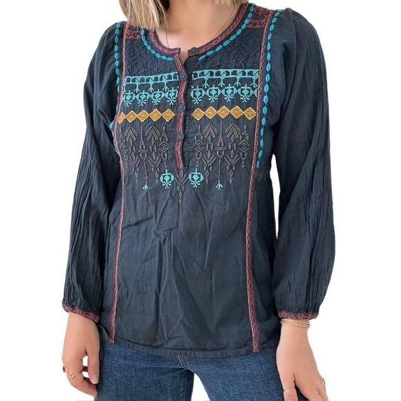 Biya Johnny Was Navy Blue Embroidered Cotton Lagenlook Tunic Blouse Hippy Sz XS